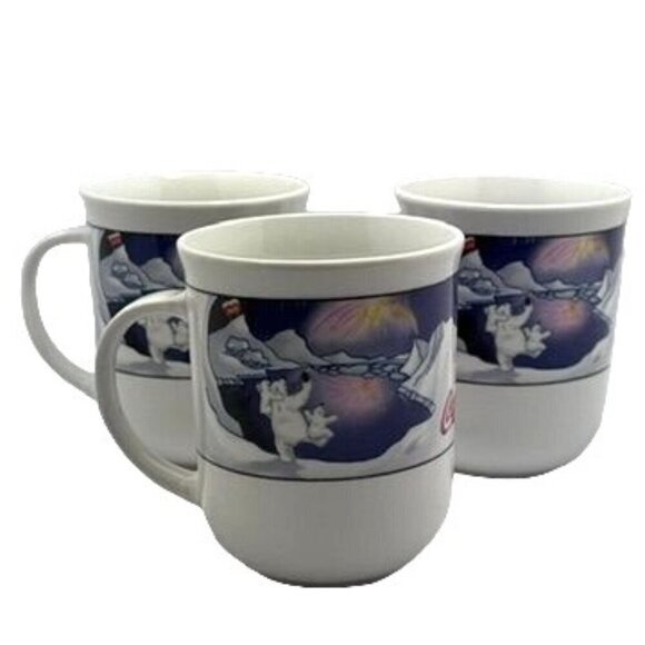 Vtg Coca-Cola by Sakura Polar Bear Winter Scene Mugs Porcelain Cups 3 Piece Set - Picture 2 of 12